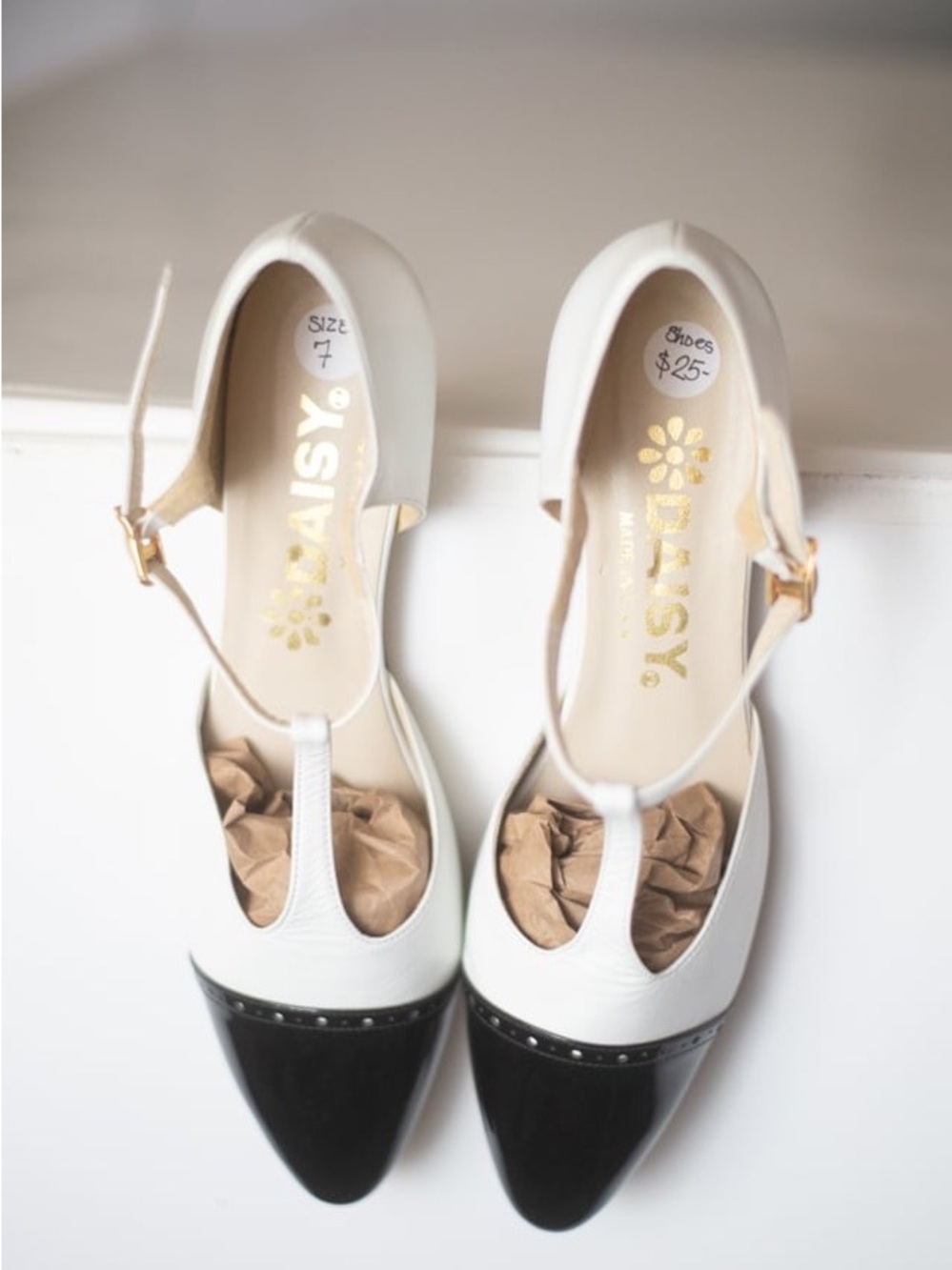 Daisy Two-Tone T-Strap Pumps in White and Black